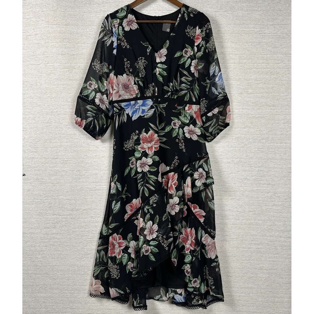 Taylor Floral Chiffon Ruffle Dress Medium Black V Neck Tiered Midi Boho Peasant
